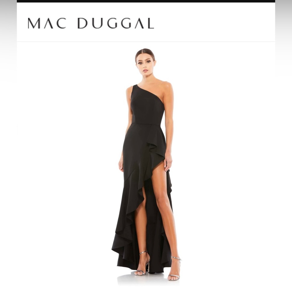 black Mac Duggal one shoulder high slit ruffle gown prom dress